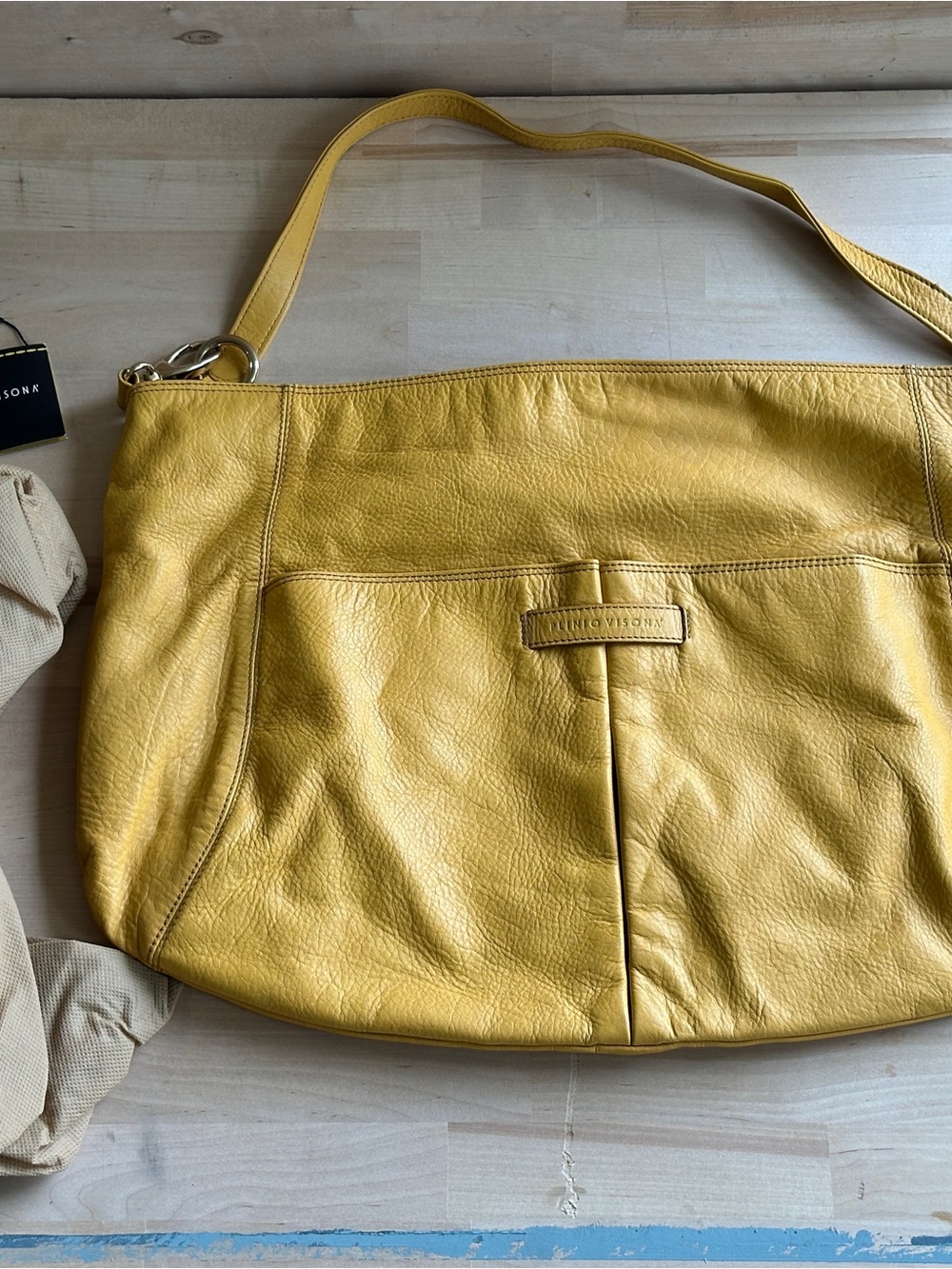 Vintage Plinio Visona Yellow Leather Shoulder Bag with Front Slip Pocket